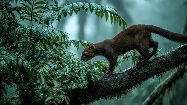 Fossa in Rainforest Canopy Mystical Rainforest Predator
