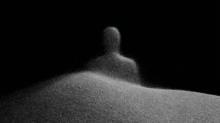 A white, grainy sand blowing in the wind, forming an abstract shape of a body on a black background. Close-up shot, macro photography, minimalism, monochrome. © Esma