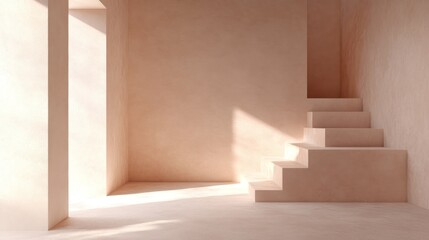 Modern interior scene with neutral tones and steps.