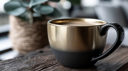Golden-black coffee mug on wooden table, serene setting