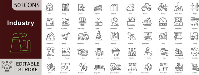 Industry Manufacturing Icon Set - 50 Editable Industrial Production Icons for Factory, Construction and Heavy Equipment Vector Collection. Editable Stroke linear icons