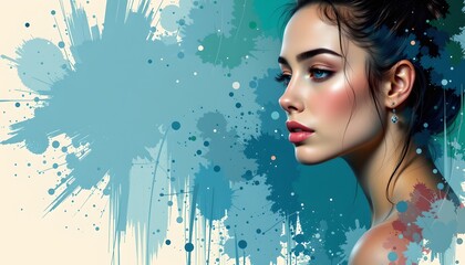 this is an artistic illustration featuring a woman with striking blue eyes and pink lipstick. her hair is pulled back to reveal her face, which is centered in the frame