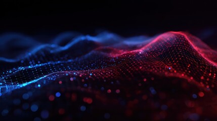 Abstract digital landscape with red and blue glowing dots on a dark background.
