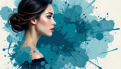 a portrait of a woman with a vibrant splatter paint background. she has a neutral expression and her makeup is done subtly, enhancing her natural features