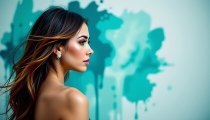 a woman with long hair in an artistic portrait style. she stands in front of a vibrant graffiti wall that is rich in blues, reds, and yellows, giving a contrast to her attire
