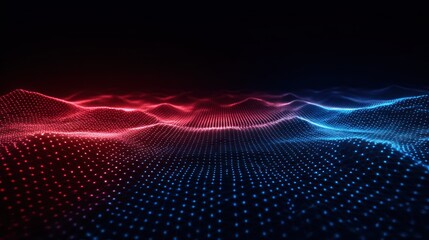 Abstract digital landscape with red and blue waves against a dark background.