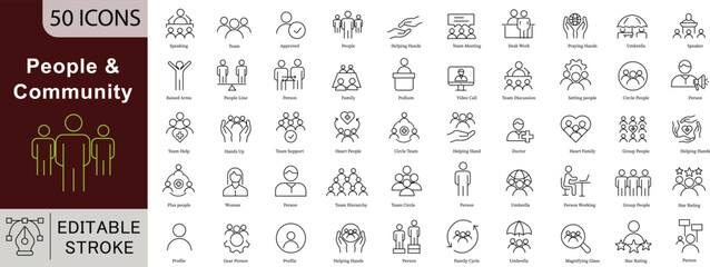 People Community Icon Set - 50 Editable Social Group Icons for Teamwork, Networking and Human Connection Vector Collection. Editable Stroke linear icons