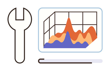 Wrench beside a 3D graph with flowing data peaks and valleys. Ideal for analytics, problem-solving, strategy, progress, business, tools, and optimization. Simple flat metaphor