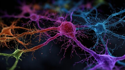 Colorful neurons connected showing neural network brain activity and scientific concept.