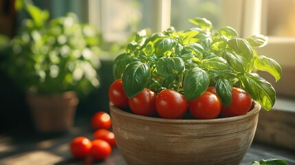 Basil and Tomatoes in Terracotta Pot