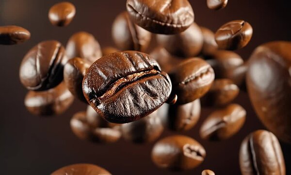 Coffee beans in levitation over a dark background, symbolizing aromatic richness and high-quality ingredients.