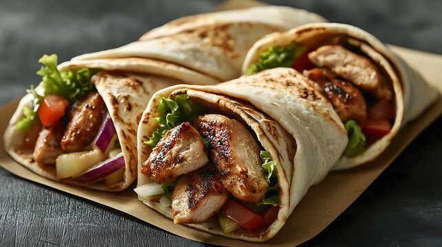 Tender chicken meat in pita bread with vegetables and french fries on the packaging