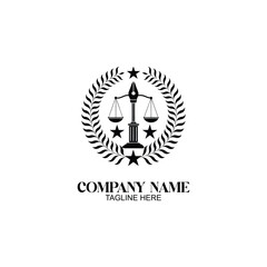 Law Firm Emblem: An elegant emblem of justice, featuring scales, stars, and a laurel wreath, represents the core values of law and order in a modern design.