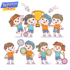 Set cartoon kids playing badminton.