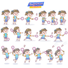Set cartoon kids playing badminton.
