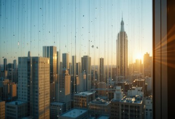 Raindrops on window with cityscape and sunrise in background at golden hour.