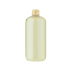 Plastic bottle containing a pale green liquid oil with a shiny gold lid, mockup isolated. Template...