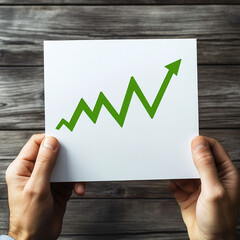 business growth line chart in green color on a wide white card in horizontal format held between to middle aged hands, POV camera perspective, ultra realistic,  made with generative AI
