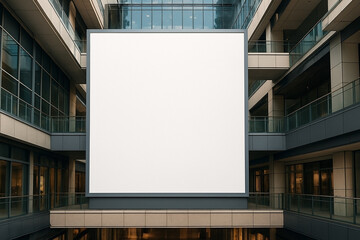 An empty billboard sits in the middle of a building in a shopping mall