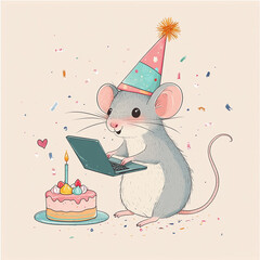 Birthday card illustration in a cute, hand-drawn style, featuring a rat with one leg bandaged, wearing a colorful party hat and holding a laptop as a birthday gift made with generative AI

