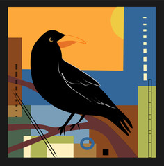 A stylized black bird perches on abstract branches against a geometric background of earthy and blue tones. The composition incorporates shapes like circles and rectangles, creating a modern feel.