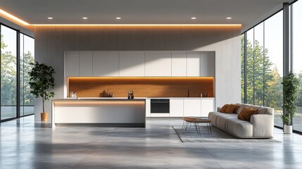 Modern Kitchen and Living Room Interior with Large Windows