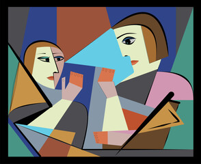 Two abstract figures, composed of geometric shapes and vibrant colors. The use of overlapping triangles and rectangles creates a sense of depth and interaction between the figures.