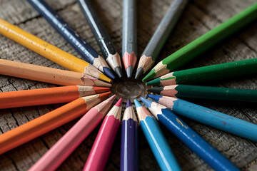 Naklejka premium Vibrant Colored Pencils Arranged in a Circle on Wooden Background