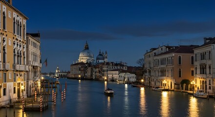 Obraz premium Venice, Italy, Canal, Venice Canal at Dusk with Santa Maria della Salute