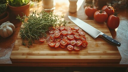 Sliced Tomatoes with Thyme and Garlic on a Cutting Board with Knife