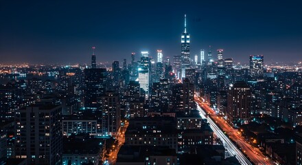 Fototapeta premium Manhattan, Midtown, New york city, Night View of Midtown Manhattan Skyline with Light Trails