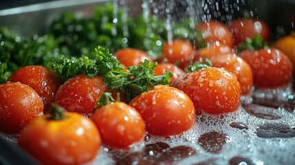 Tomatoes and Parsley Being Washed with Water