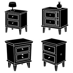 Illustration of four black bedside tables with different designs and accessories on top of them