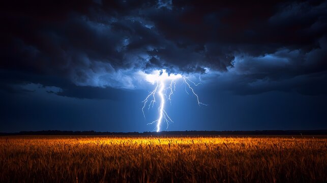 A dramatic lightning bolt strikes a golden wheat field du a powerful nighttime thunderstorm, illuminating the dark stormy sky with intense light and creating a breathtaking
