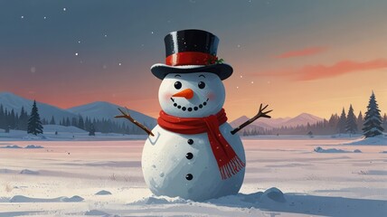 Obraz premium Flat Winter Scene Featuring a Snowman in the Center With Red Scarf