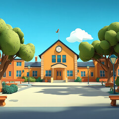 Charming Cartoon Schoolhouse exterior in a Sunny Landscape made with generative AI