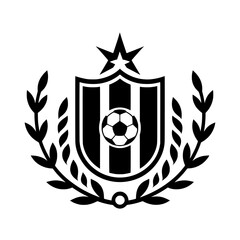 Vector illustration of a contemporary soccer emblem featuring a vertical striped shield, a star at the apex, a soccer ball in the center, and encircling laurel branches. 