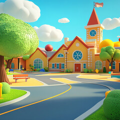 Charming Cartoon Schoolhouse exterior in a Sunny Landscape made with generative AI