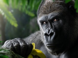 Gorilla in jungle. Close-up portrait