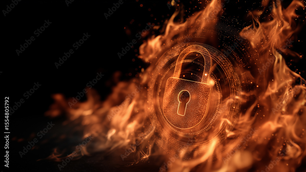 Poster abstract lock icon firewall flame security digital protection glowing cyber