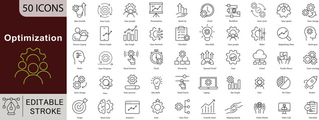 Optimization Line Icons Set: Growth, Efficiency, Strategy & Business Process Vectors. Editable Stroke linear icons