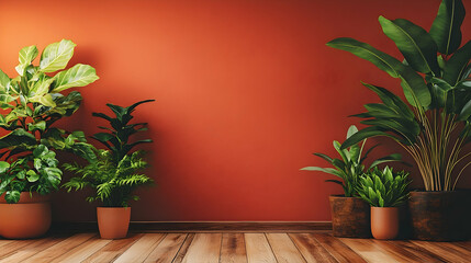 Fototapeta premium Lush green plants in terracotta pots against burnt orange wall