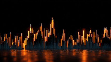 Abstract digital landscape with orange peaks and blue valleys on a black background.