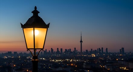 City, Skyline, Cityscape, Illuminated Lamp Post at Dusk Over City Skyline