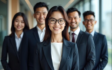 Confident Asian businesspeople team in suits. Diverse corporate group unity with female leader in front. Professionalism together. Successful multiracial teamwork, office environment, business