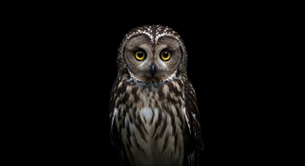 Fototapeta premium Owl, Bird, Avian, Majestic Owl Portrait Against Black Background