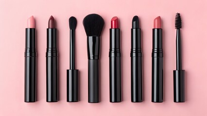 Assortment of black handled makeup brushes and lipsticks arranged on a pink background
