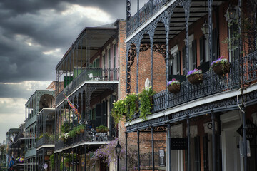 Under a brooding sky, the French Quarter’s colorful facades appear muted. Iron balconies drape...