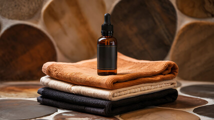 Amber Glass Bottle of Essential Oil on Stacked Soft Towels