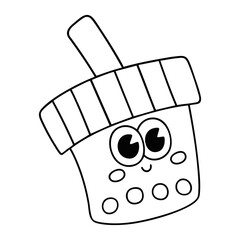 Tilted bubble tea cup cartoon line art with cute face isolated on white background
